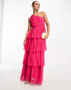 Ярко-розовое платье макси из тюля на одно плечо YAS Bridesmaid Y.A.S
