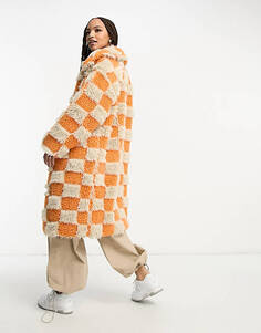 Оранжево-бежевое пальто в клетку Monki