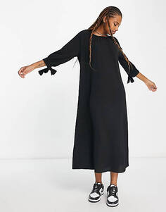 Черное платье миди с завязками и рукавами Monki