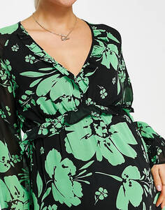 Зелено-черное струящееся платье миди с v-образным вырезом и цветочным принтом Wednesday&apos;s Girl Maternity
