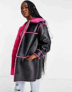 Черное с розовым контрастное длинное пальто из искусственной кожи Miss Selfridge