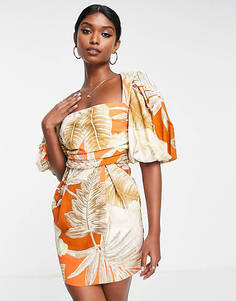 Платье мини с объемными рукавами-блузонами и запахом на талии ASOS DESIGN с тропическим принтом пальм Unknown