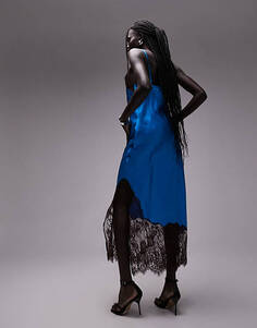 Синее и шоколадное платье-комбинация миди с контрастным кружевом Topshop
