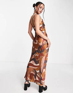 Эксклюзивное коричневое платье макси с воротником-хомутом и атласным принтом Peppermayo Unknown