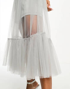 Прозрачное платье миди из тюля на одно плечо с кружевом и бусинами для подружки невесты пыльно-синего цвета Lace & Beads