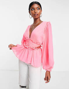 Неоново-розовая прозрачная блузка со складками на талии и вырезом на спине ASOS DESIGN