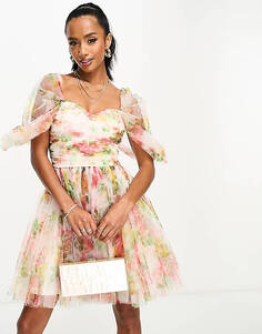Эксклюзивное мини-платье из тюля с запахом Lace &amp; Beads Petite с ярким цветочным принтом