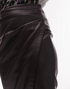 Шоколадная кожаная юбка-карандаш с защипами по бокам Topshop