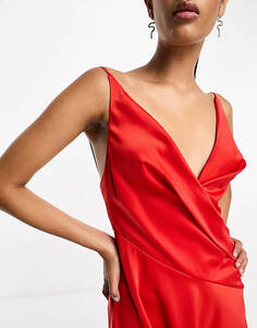 Красное атласное платье миди с драпировкой и градуированным подолом ASOS DESIGN