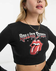 Черная укороченная футболка с длинными рукавами и графическим принтом Rolling Stones Pull&amp;Bear