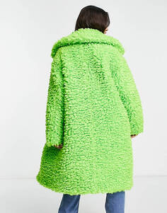 Ярко-зеленое пышное пальто макси из борга Miss Selfridge