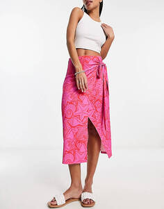 Эксклюзивная юбка миди с запахом JDY с розово-красным принтом ракушек