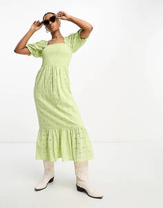 Зеленое ярусное платье макси с присборенной вышивкой Miss Selfridge