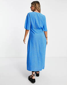Синее платье макси в микро-горошек Mango с v-образным вырезом