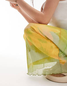 Зеленая плиссированная юбка миди с принтом подсолнечника Topshop