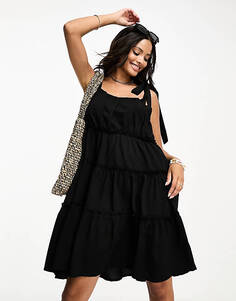 Черное ярусное платье мини с завязками на плечах Vero Moda