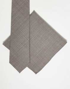 Коричневый узкий галстук и нагрудный платок Noak с узором «гусиные лапки»
