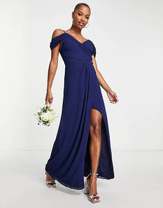 Темно-синее платье с драпировкой и запахом на плечах TFNC Petite Bridesmaid