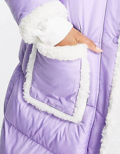 Пурпурное длинное пальто-пуховик контрастного цвета Miss Selfridge borg