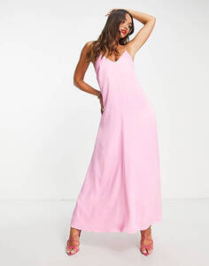 Нежно-розовое атласное платье миди с завязками на спине Mango