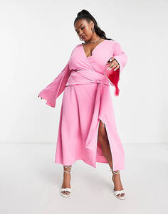 Розовое платье миди с глубоким вырезом и узлом спереди Pretty Lavish Curve