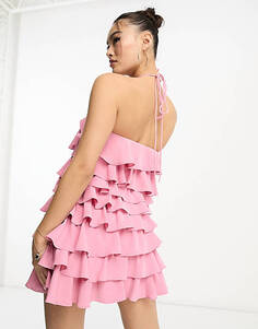 Розовое платье мини с воротником-халтер и оборками Collective the Label Petite