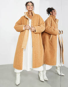 Светло-коричневое пальто с воротником-воронкой и кулиской ASOS EDITION