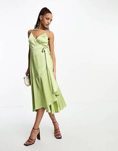 Атласное платье миди на бретельках с запахом Style Cheat зеленого лайма