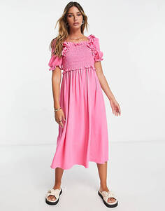 Ярко-розовое платье миди с присборенными деталями YAS Y.A.S