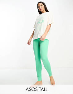 Эксклюзивный пижамный комплект оверсайз из футболки и леггинсов кремового и зеленого цветов ASOS DESIGN Tall