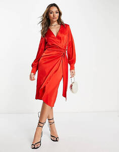 Красное атласное платье миди с завязкой на талии Never Fully Dressed