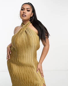 Эксклюзивное золотое атласное плиссированное платье миди с вырезом халтер ASOS DESIGN Curve