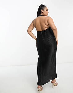 Эксклюзивное черное атласное плиссированное платье миди с воротником-халтер ASOS DESIGN Curve