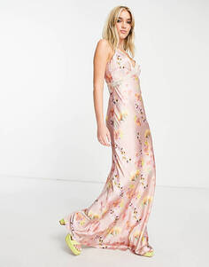 Атласное платье макси с кружевными вставками Hope &amp; Ivy сиреневого цвета и цветочным принтом