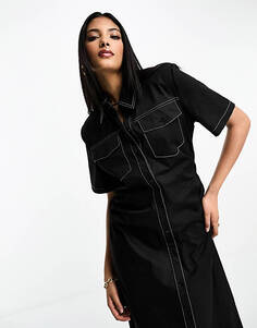 Платье-макси Selected Femme со сборками по бокам и черной контрастной строчкой