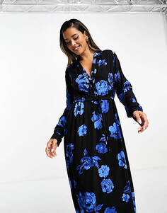 Синее платье макси с поясом и цветочным принтом Selected Femme