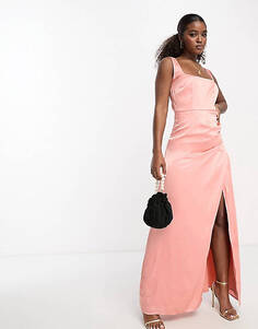 Атласное платье макси кораллово-розового цвета с запахом и юбкой Anaya Bridesmaid