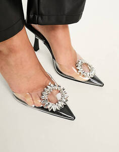 Черные лакированные туфли на каблуке с открытой пяткой с украшением Simmi London Wide Fit Becki