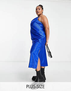Синее атласное платье-комбинация миди с воротником-хомутом New Look Curve