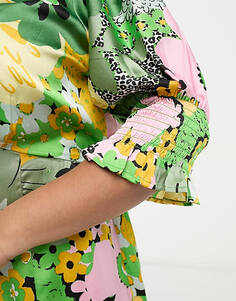 Атласное чайное платье миди с манжетами и завязкой спереди ASOS DESIGN Curve с цветочным принтом