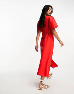 Красное платье миди с v-образным вырезом и пуговицами Mango