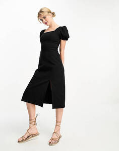 Черное платье миди с квадратным вырезом и пышными рукавами Urban Revivo