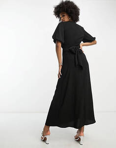 Черное платье миди с пышными рукавами и завязкой на талии ASOS DESIGN Tall
