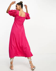 Розовое платье миди с пышными рукавами и закрученной передней частью Mango
