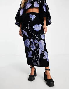 Черная бархатная юбка-карандаш миди с крупной цветочной вышивкой ASOS EDITION