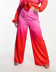Широкие атласные брюки со складками Flounce London Plus с розовым и красным эффектом омбре