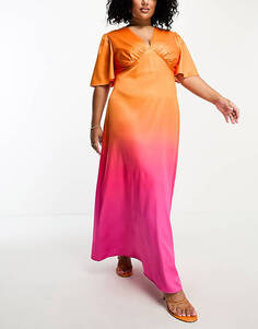 Платье макси с развевающимися рукавами и глубоким вырезом спереди Flounce London Plus в розово-оранжевом цвете омбре