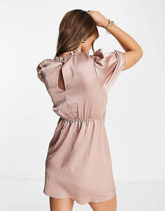 Светло-розовое атласное платье мини с высоким воротником и пышными рукавами ASOS DESIGN