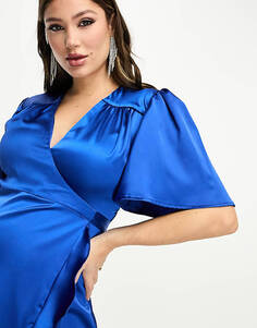 Кобальтовое атласное платье миди с запахом спереди и развевающимися рукавами Flounce London Maternity