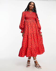 Красное ярусное платье средней длины с присборками в горошек Wednesday&apos;s Girl